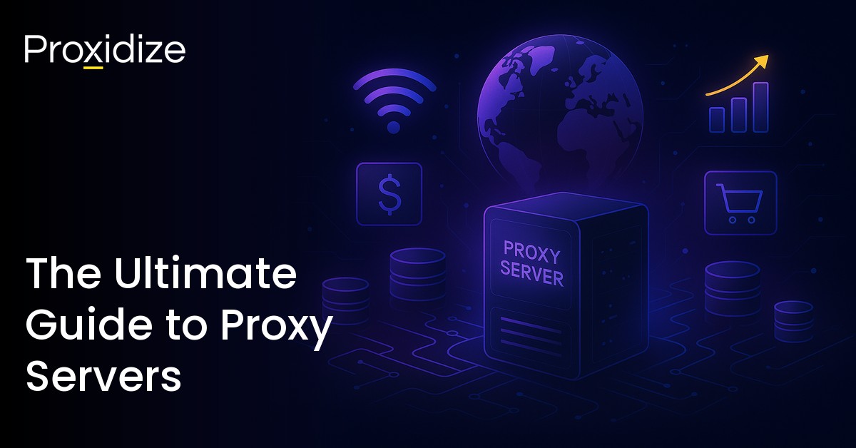 A drawing of a proxy server, a circuit board, a globe and business-related icons next to the title