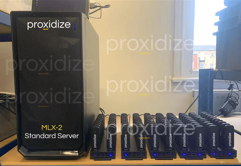 A Proxidize MLX-2 Standard Server with powered USB hubs that have USB modems plugged into it.