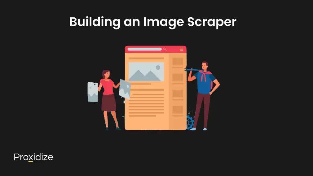 Image of a man with a wrench standing in front of a large browser page with a woman standing on the other side holding up with images. Text above the image reads