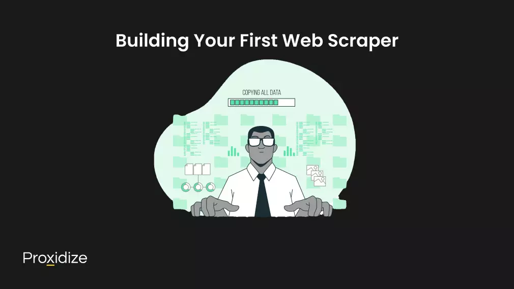 Image of a man with glasses and a tie typing away as folders surround him and a loading bar reading