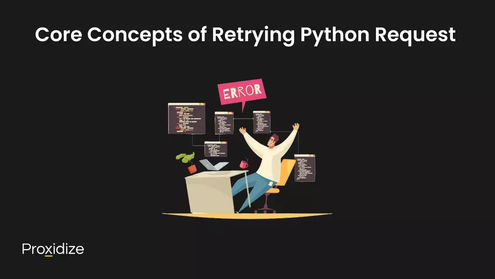 Image of a man sitting on a computer while browsers surround him and a message reading ERROR. Text above the image reads