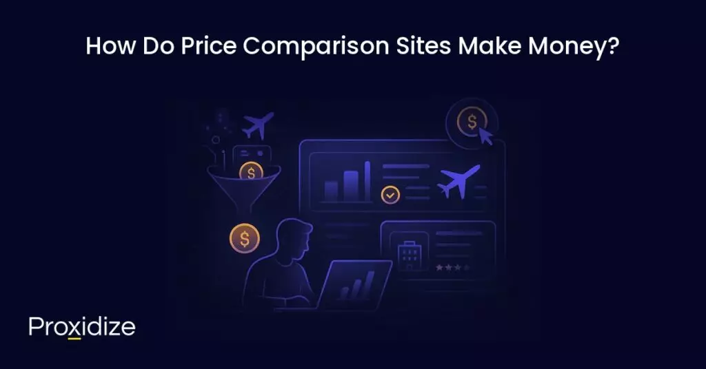 A diagram of clicks funneling into a coin and a screenshot of price comparison sites under the title 