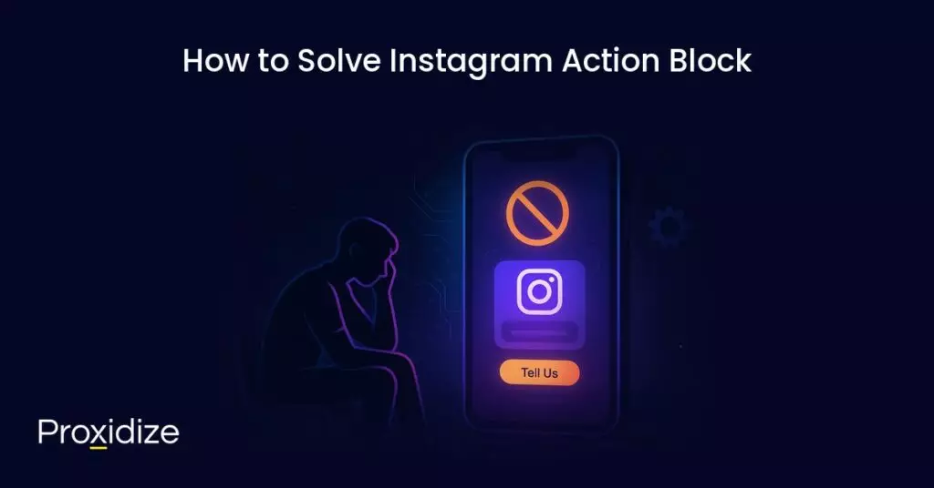 Image of a person sat down contemplating as they stare at the large phone showing an Instagram Action Block. Text above reads