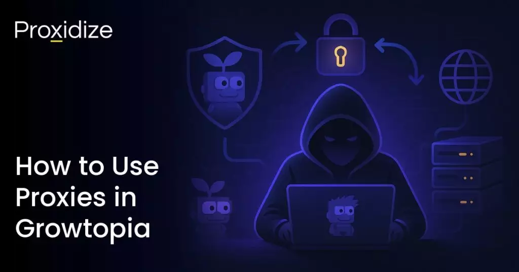 Image of a figure on a computer with a Growtopia character on it, surrounded by a server to their left and a shield, lock, and globe above them. Text to the left side reads