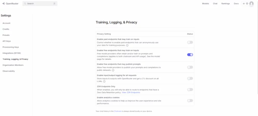 a screenshot of the training logging & privacy window on openrouter.ai