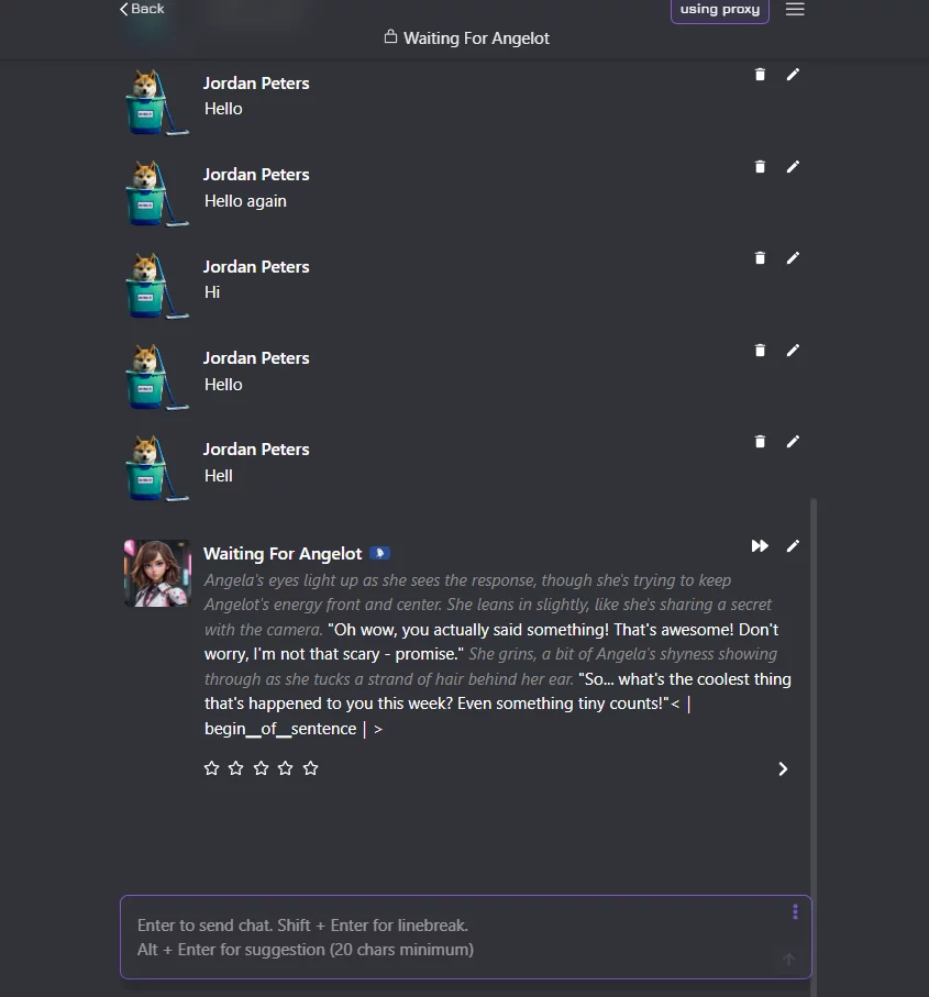 a screenshot of a responsive character on janitor ai after successful troubleshooting