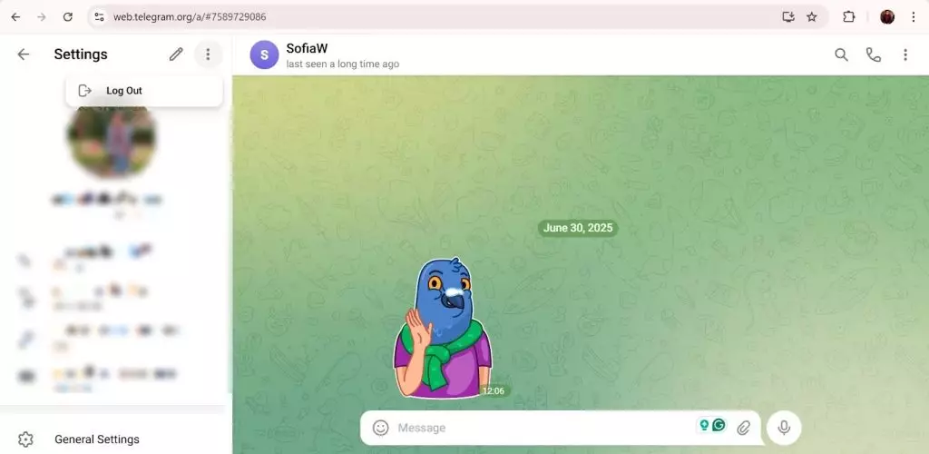 A screenshot showing the log out button on Telegram Web