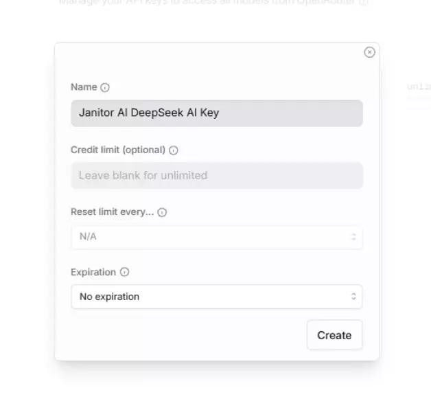 a popup for a deepseek ai key on openrouter.ai