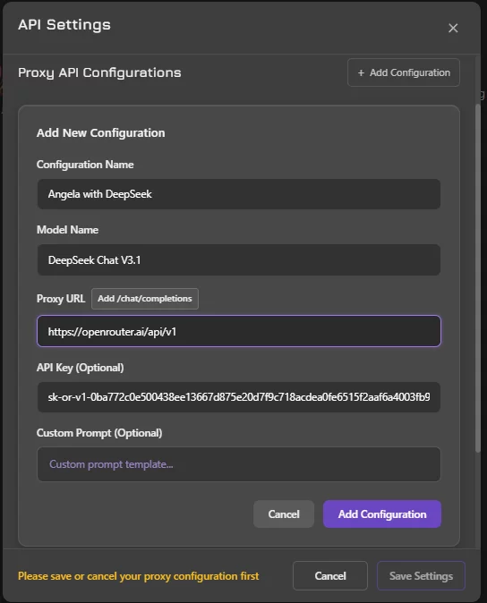 a screenshot of a proxy api configuration screen on janitor ai