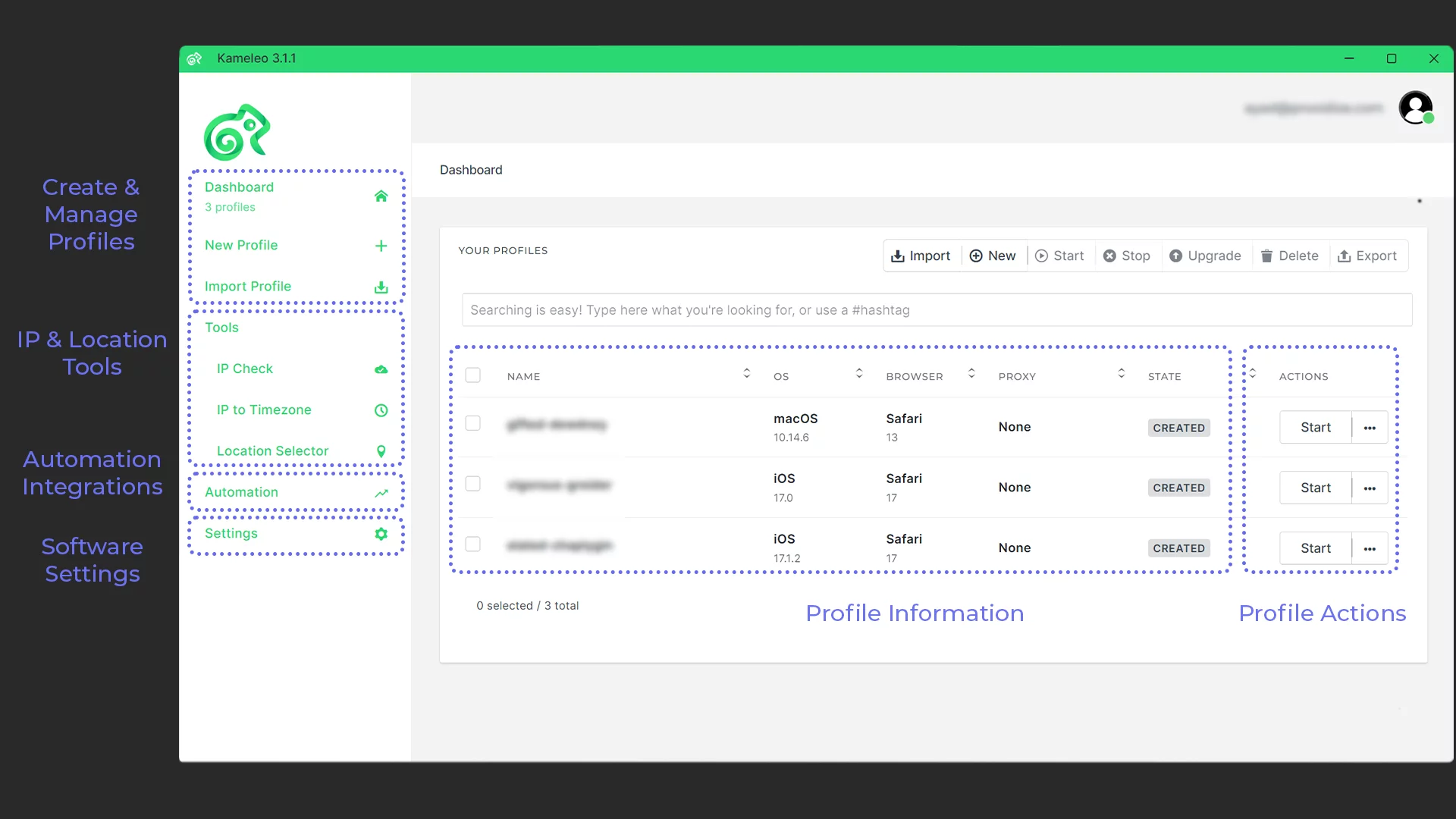 Kameleo Dashboard Features