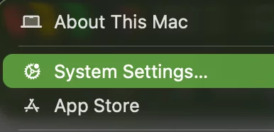 Image of the MacOS Apple Logo dropdown menu with System Settings highlighted