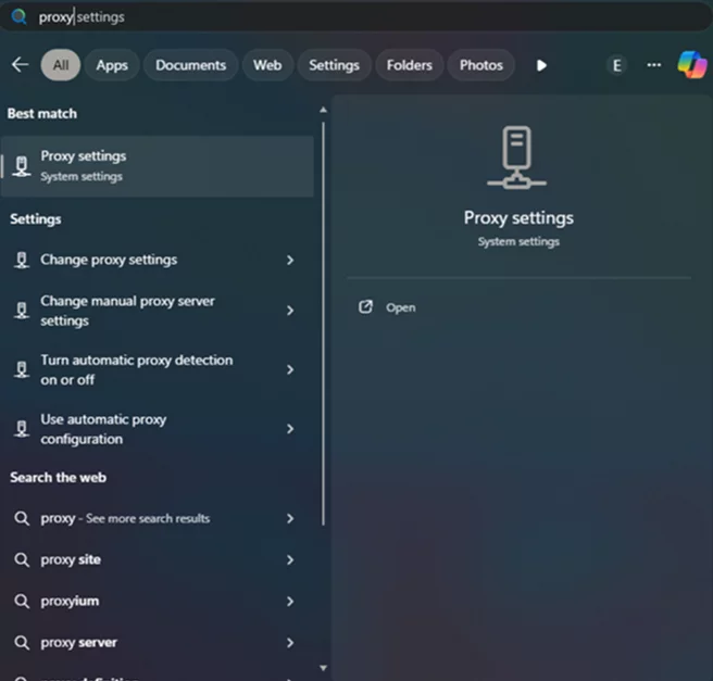 Image of the Windows Search Bar showing Proxy Settings typed in