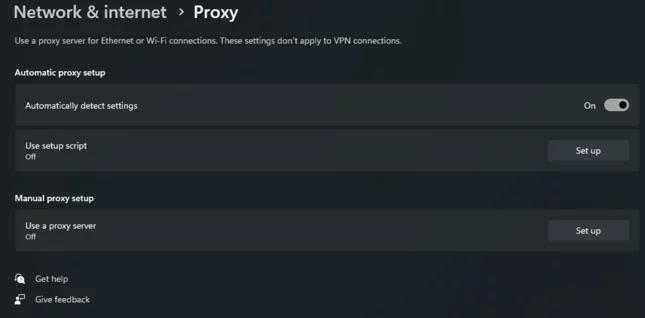 Image of the Network and Internet settings on Windows showing the Proxy tab