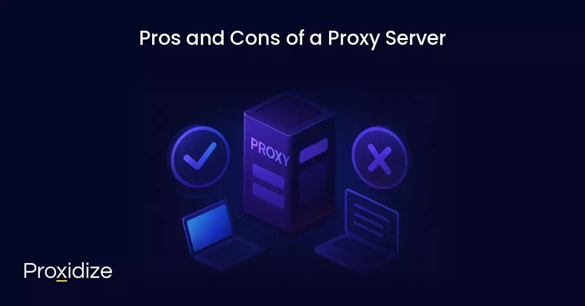 A proxy server next to two laptops under the title