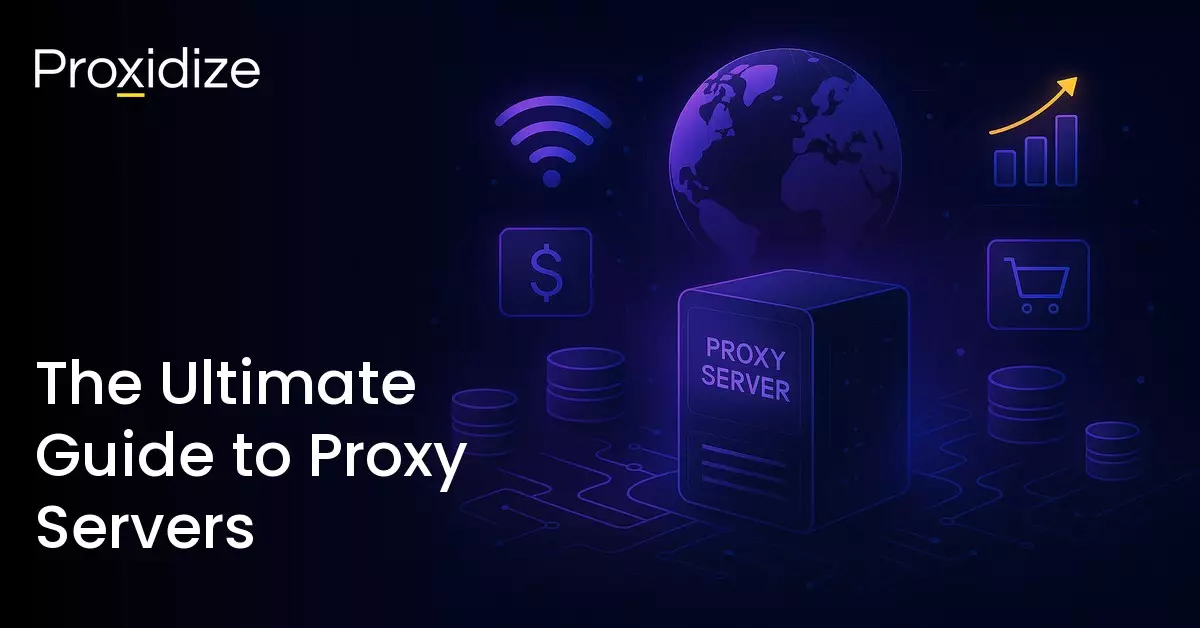 A drawing of a proxy server, a circuit board, a globe and business-related icons next to the title