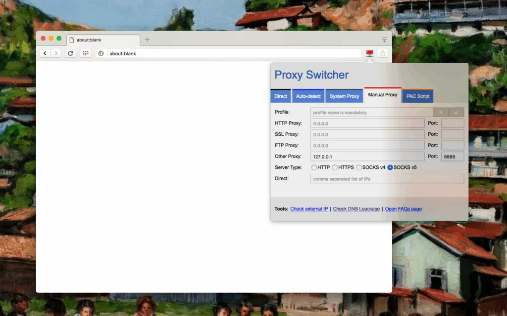 A screenshot of the Proxy Switcher and Manager Chrome extension.