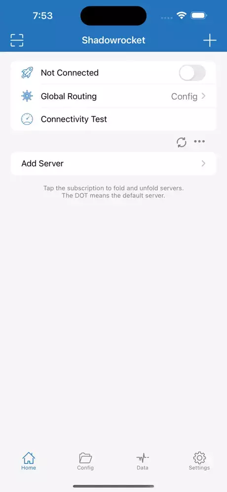 A screenshot of the Shadowrocket app's Home menu.
