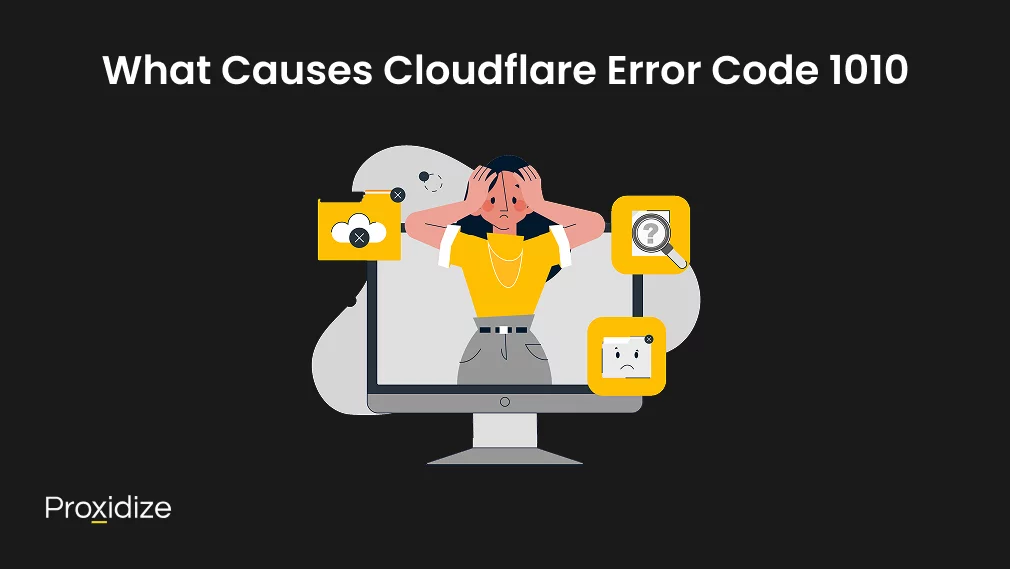 Image of a woman popping out of a computer screen looking worried. Text above the image reads 