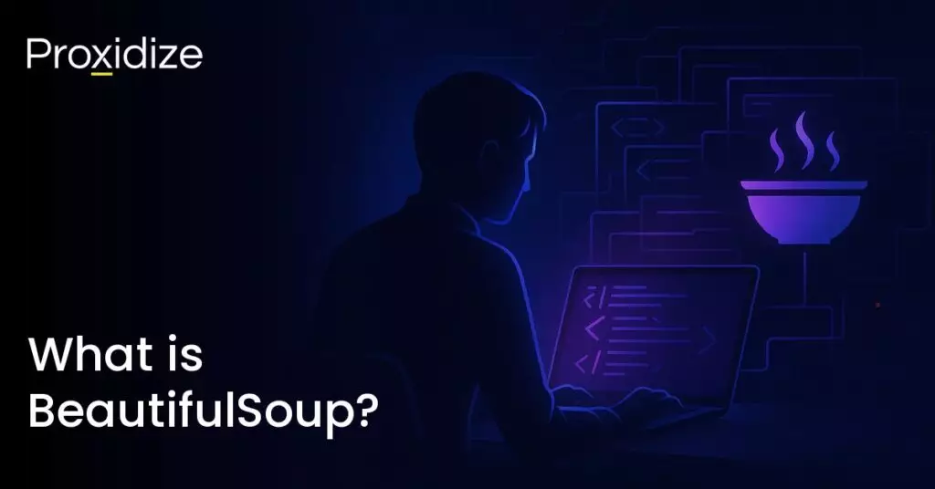 Image of a person sat on their computer with blocks of code leaking over the computer. Text to the side reads 