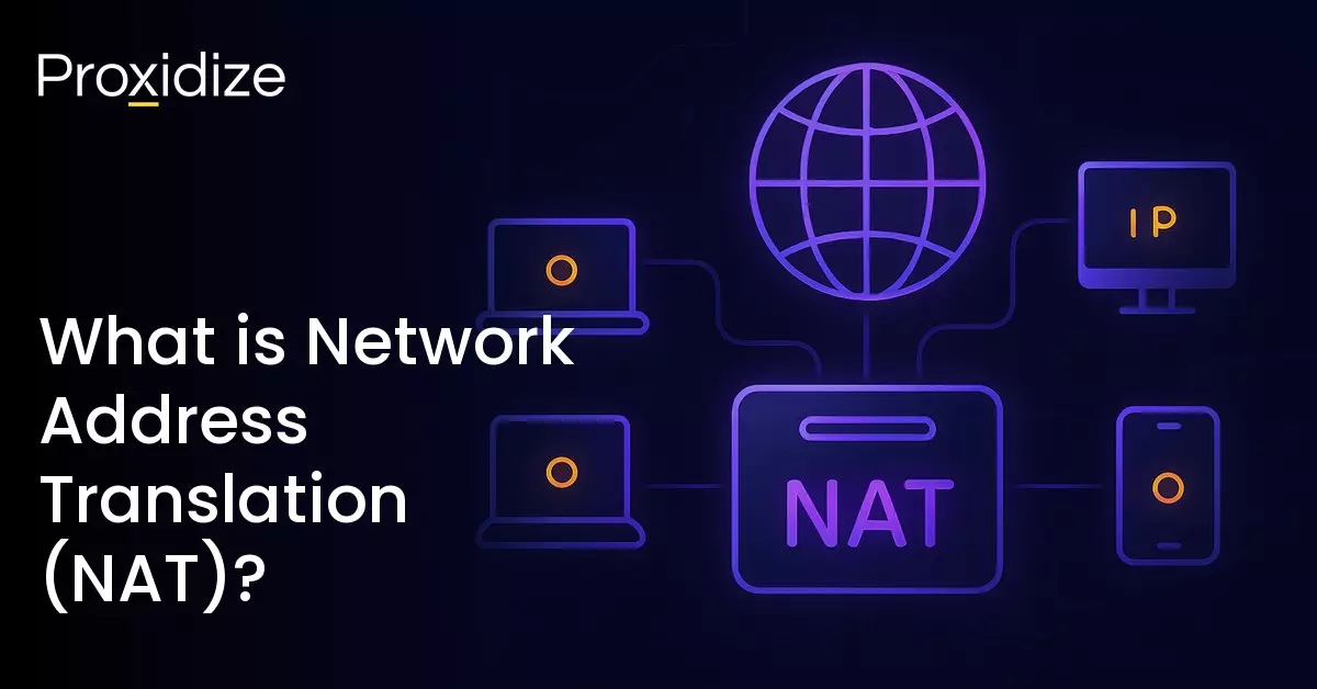 Image of the internet logo connected to a box reading NAT which is connected to devices. Text to the left reads 