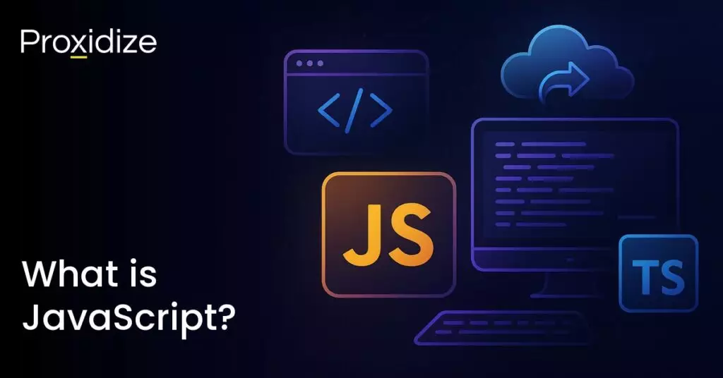 The JavaScript logo and different screens next to the title 