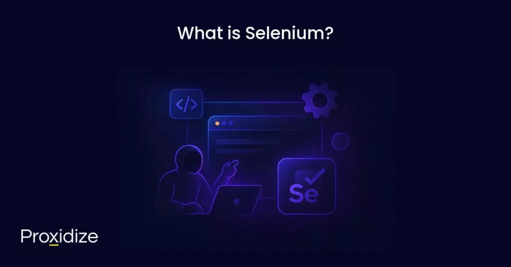A drawing of a person in a hoodie in front of a browser with the Selenium logo under the title 