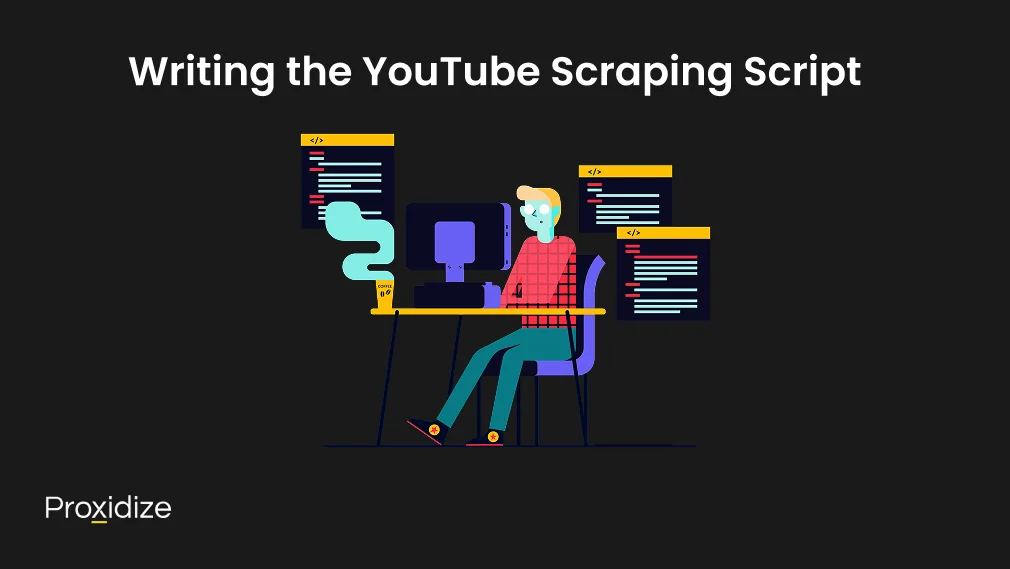 Image of a person sitting on their computer while surrounded by coding scripts. Text above reads